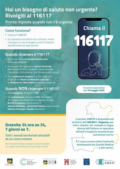 Dal 19 maggio 2026 attivo il nuovo numero 116117 per accedere al servizio della Continuità  Assistenziale (ex Guardia Medica) e ai servizi territoriali dell'Ulss 6 Euganea.

