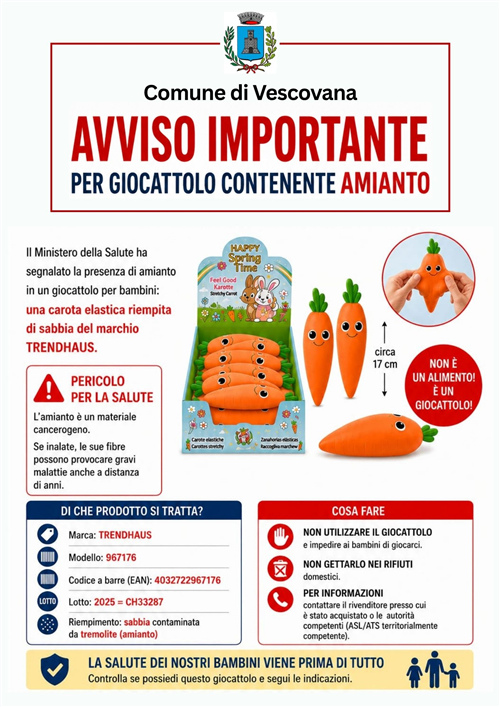 AVVISO IMPORTANTE per giocattolo contenente amianto