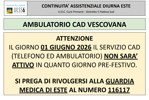 Chiusura Continuità Assistenziale Diurna Vescovana prefestivo 01/06/2026