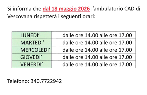 Nuovi orari di apertura dell'ambulatorio di Continuità Assistenziale Diurna a partire dal 18 maggio 2026
