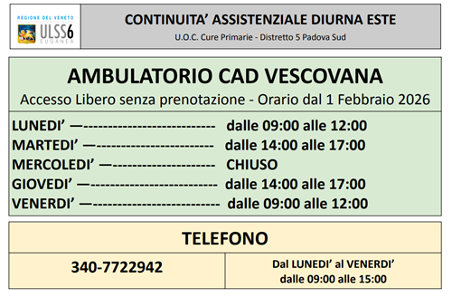 Nuovi orari di apertura dell'ambulatorio di Continuità Assistenziale Diurna a partire dal primo febbraio 2026