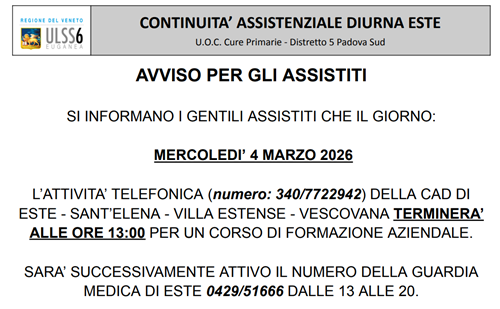 Turno straordinario del Servizio di Continuità Assistenziale mercoledì 4 marzo 2026