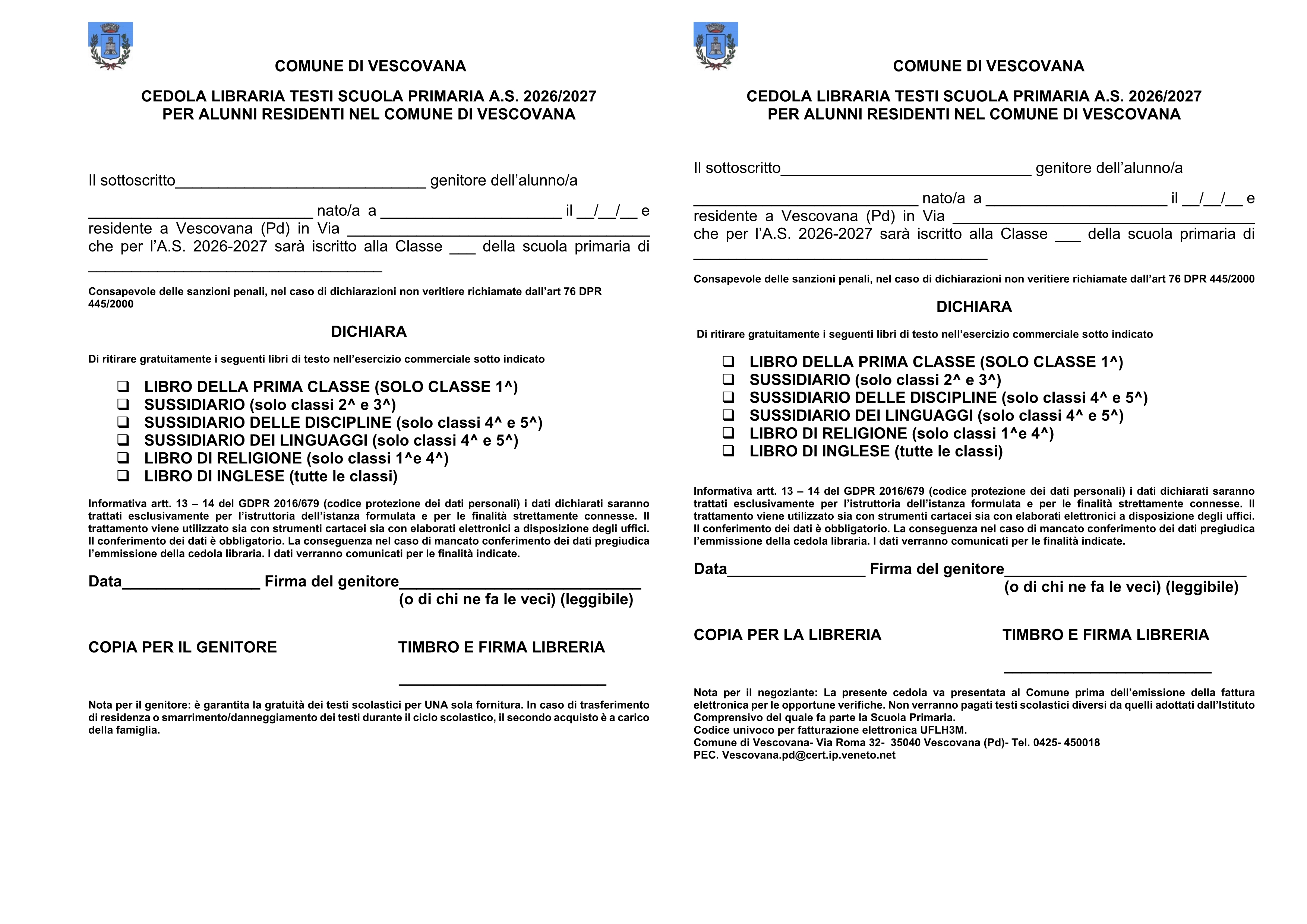 Cedole librarie per fornitura libri di testo Scuola Primaria